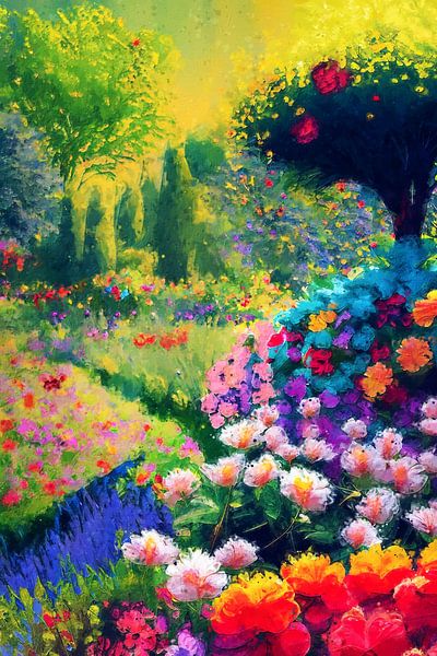 Garden full of colourful flowers (art, painting) by Art by Jeronimo