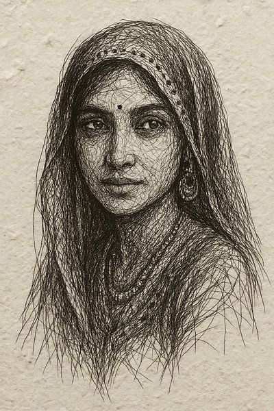 Rajasthan woman with ghoonghat veil (thread portrait lady India traditional bindi) by Natalie Bruns
