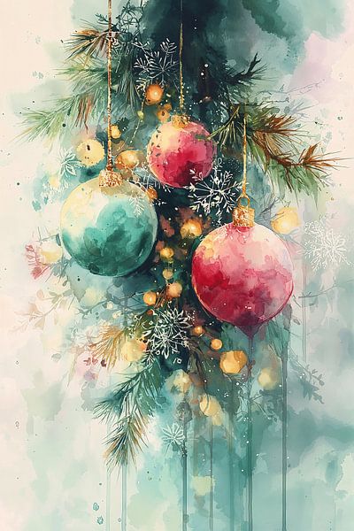 A watercolor composition of Christmas ornaments in soft turquoise and warm pink hues, surrounded by pine branches and golden lights. The fluid watercolor technique creates a dreamy, modern interpretation of classic Christmas decorations, with the colors subtly merging against a light background of delicate snowflakes. by Studio BB