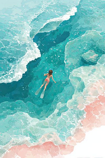 Blue Silence - Schnorchler im tropischen Meer aus der Vogelperspektive von Peter Pen Zeichnungen und Gemälde