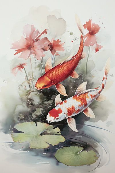 Koi carp watercolour with water lilies by Vlindertuin-Art