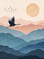 Grue japonaise minimaliste au coucher du soleil - Paysage de montagne paisible Art mural