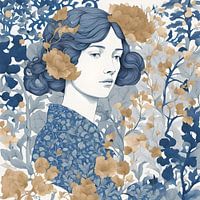 Emma Botanical line art portrait in navy blue and gold