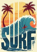 Poster de surf coloré sur la plage avec des vagues et des palmiers, avec un aspect vintage dans un style rétro.