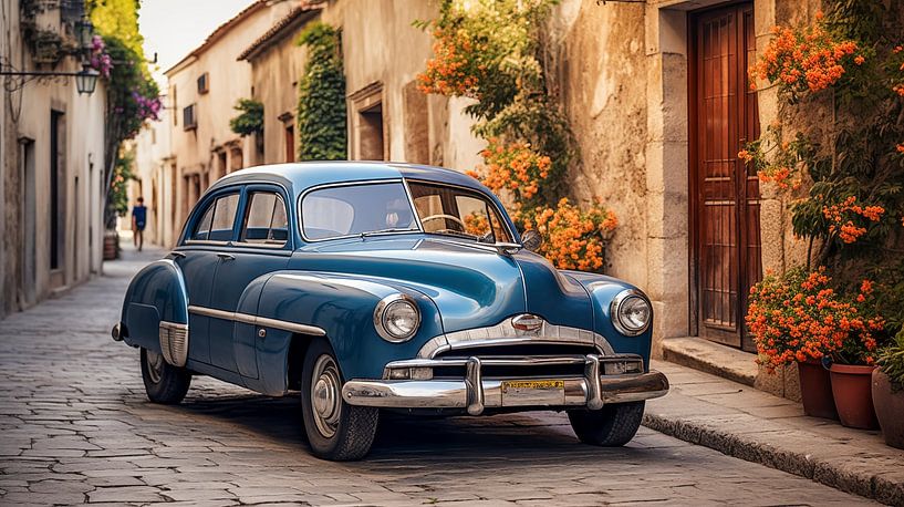 Blue old vintage car in an Italian street, art design by Animaflora PicsStock