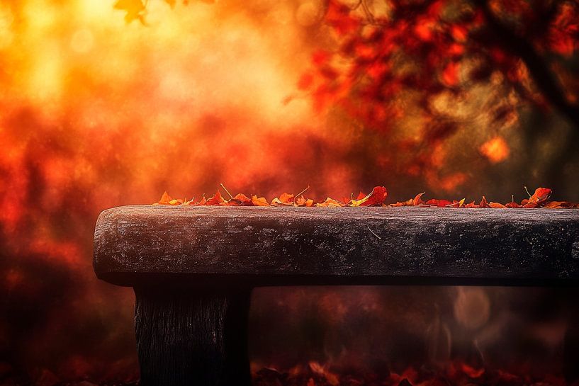 Banc d'automne avec des feuilles colorées par Poster Art Shop