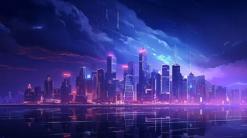 Modern cyberpunk city skyline at night with neon lights by Animaflora PicsStock