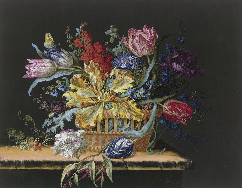 Blumenkorb mit Tulpen und anderen Blumen auf einem Tisch, Barbara Regina Dietzsc von Meisterhafte Meister