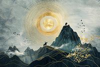 Mystical mountain landscapes in gold and ink style
