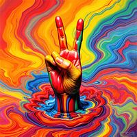 Victory-Zeichen aus abstrakten Strömungen des Regenbogens erhebt sich die Hand des Friedens – ein Zeichen der Hoffnung im pulsierenden Meer der Farben