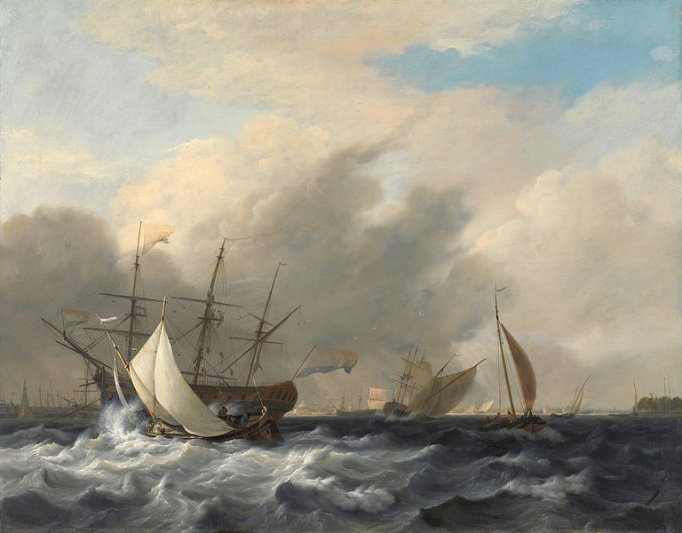 Das Kriegsschiff der Nation 'Amsterdam' vor der Westerlaag auf der IJ vor Amsterdam, Nicolaas Baur von Meisterhafte Meister