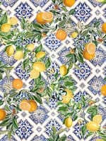 Lemons, oranges and citrus fruit on blue mediterranean tiles
