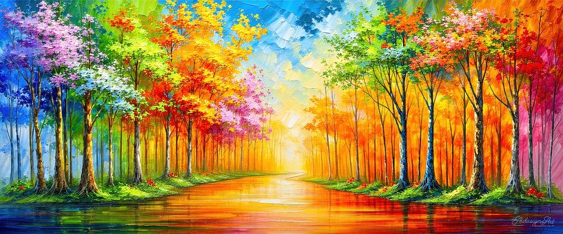 Spätsommerliche Waldsymphonie am Fluss – Leuchtendes Landschaftsbild im Glanz des Sonnenuntergangs von AidasignArt