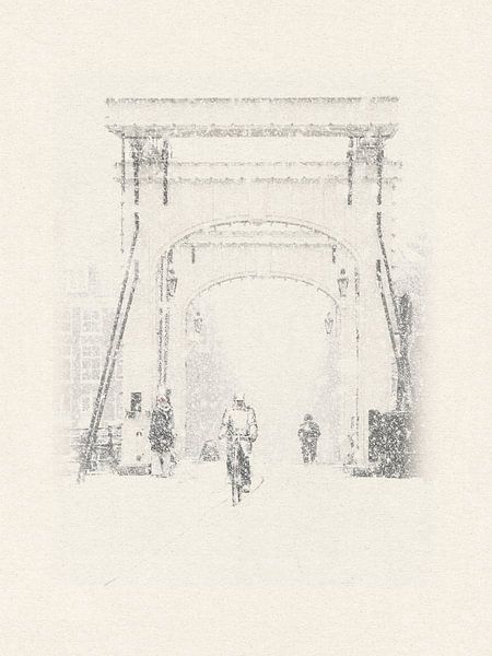 Fotozeichnung eines Radfahrers im Schnee auf der Magere Brücke in Amsterdam von Robert Vierdag
