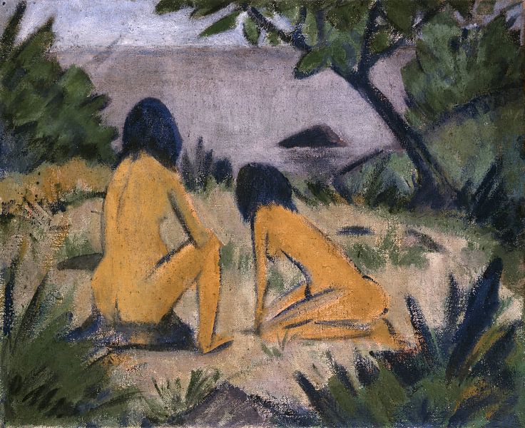 Sitzende und kniende Figuren an den Ufern der Moritzburger Seen, Otto Mueller. von Meisterhafte Meister