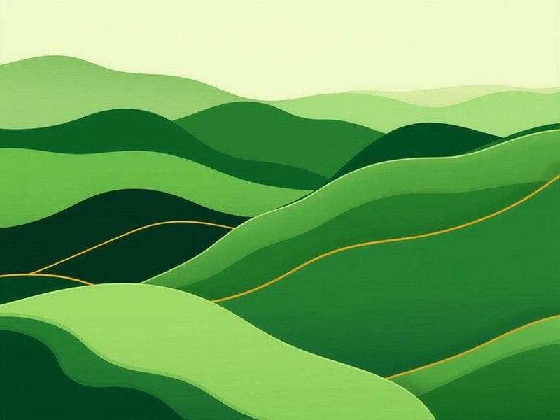 Eine grüne Reise durch rollende Hügel: Eine moderne und minimalistische Landschaft mit ruhigen grünen Hügeln und goldenen Pfaden von Artistic