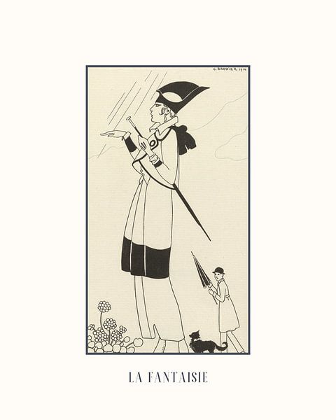 La fantaisie | Art Deco Schwarz-Weiß-Skizze | Vintage-Modeanzeige | Historischer Druck von NOONY