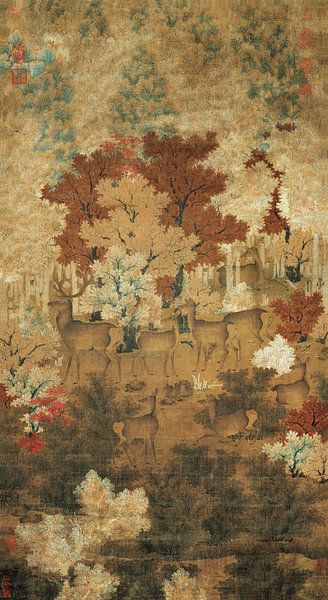 Chinese ,Deer in autumn forest, Chinese birds and flowers Painter by finemasterpiece