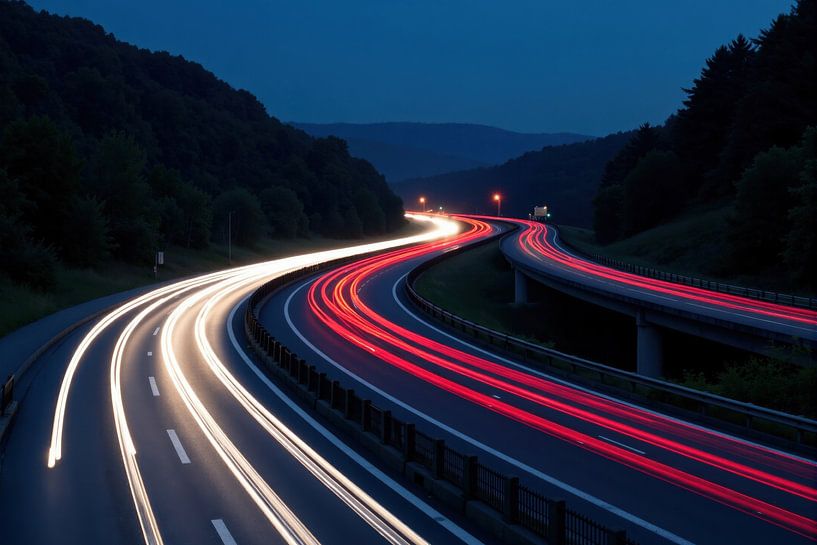 Autoroute nocturne avec pistes lumineuses et paysage de montagne par Markus Gann
