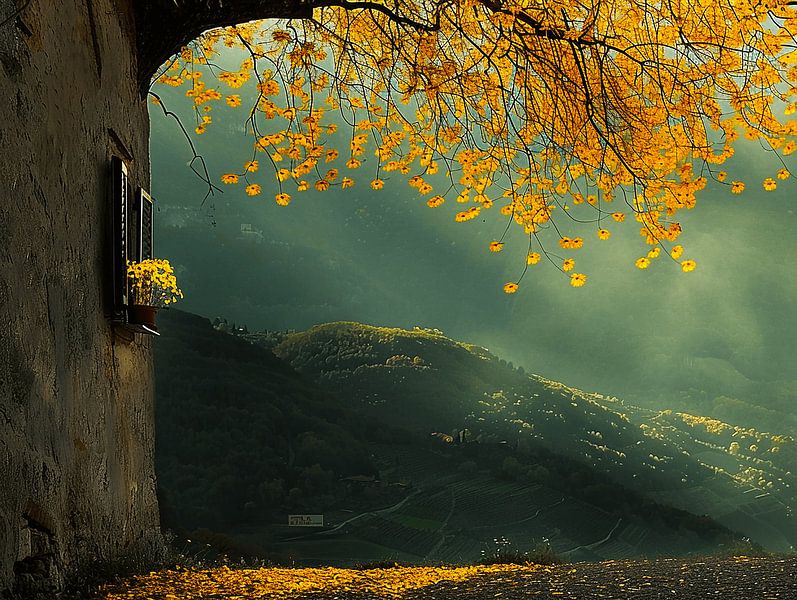 Fenêtre d'automne avec fleurs jaunes par Karina Brouwer