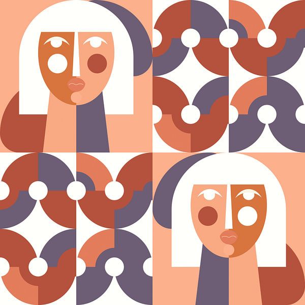 Retro-Pop-Girls in Violett, Terra und Pfirsich. Moderne Geometrien von Dina Dankers