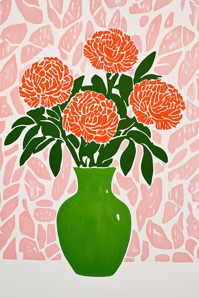 Stillleben mit Roten Blumen in Grüner Vase von Frank Daske | Foto & Design