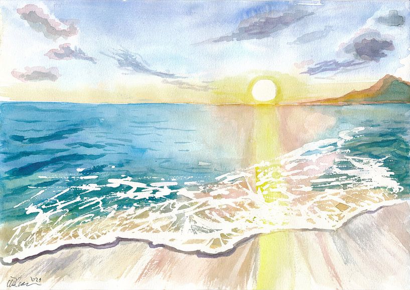 Beach sunset with view of Martinique and Caribbean waves by Markus Bleichner