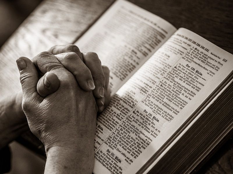 betende Hände über einer Bibel von Jörg B. Schubert