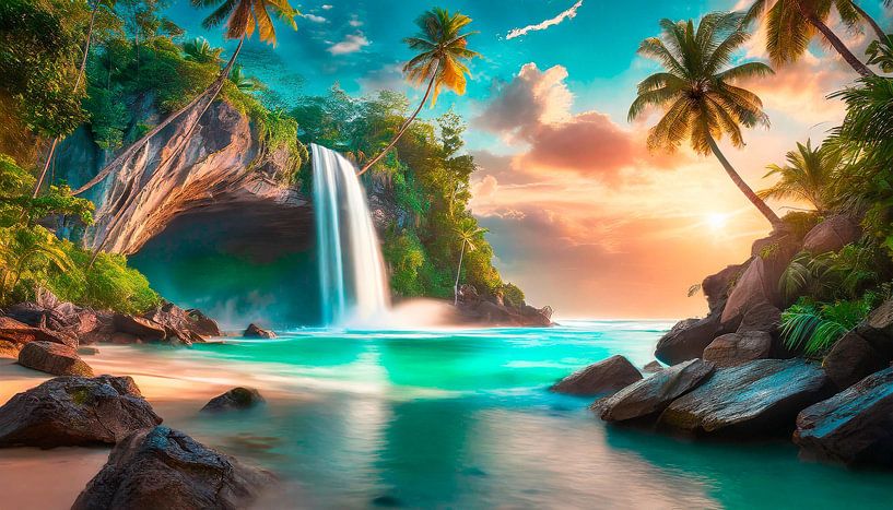Island with waterfall and sea by Mustafa Kurnaz