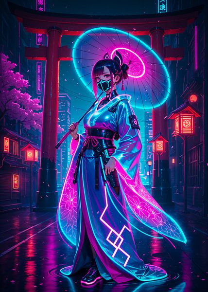 Cyberpunk Style Anime Kimono Girl Torii Gate Japon par Ruzerin