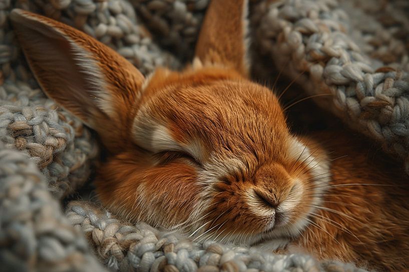Sleeping rabbit in warm knitted blanket by Art & Soul Creations