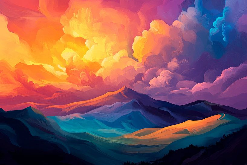 Paysage de montagne fantaisiste au coucher du soleil par Poster Art Shop