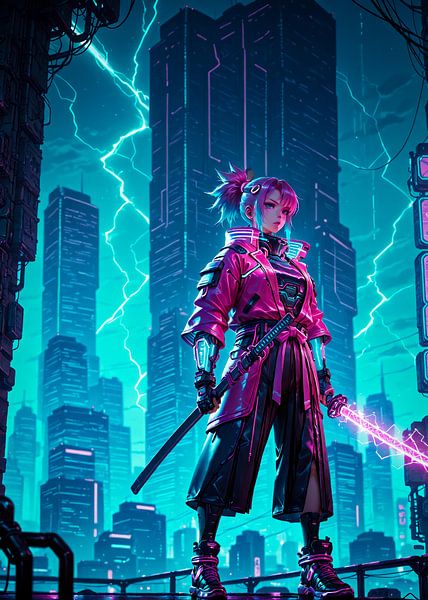 Anime Mädchen Samurai Cyberpunk Stil Japan von Ruzerin