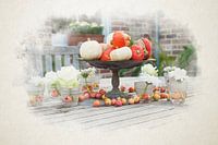 Decorative autumn table setting with outdoor pumpkins and flowers in watercolour.