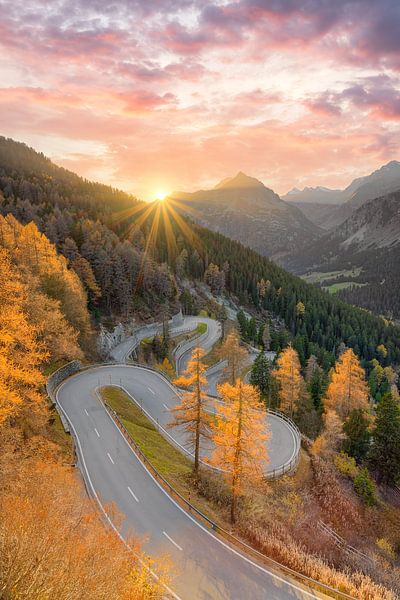 Maloja Pass in Switzerland at sunset by Michael Valjak