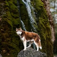 Husky sibérien rouge-brun posant sur un rocher près d'une chute d'eau en Allemagne.