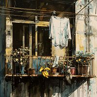 City Balkon Alltag Wäscheleine Bananen Schuhe Pflanzen