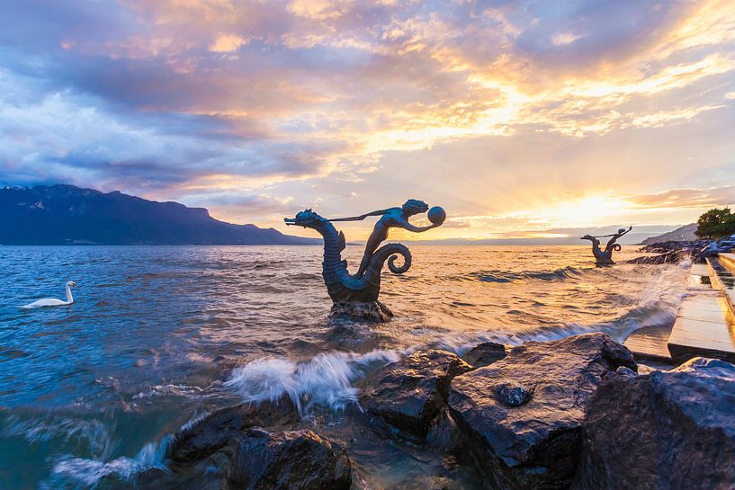 Seepferdchen-Brunnen in Vevey am Genfer See von Werner Dieterich