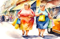 2 gesellige Damen gehen die Einkaufsstraße entlang