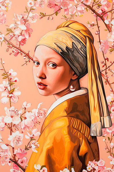 Girl with a pearl earring with pink blossom branches by Vlindertuin-Art