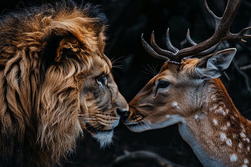 Löwe und Hirsch vor dunklem Hintergrund von Art & Soul Creations