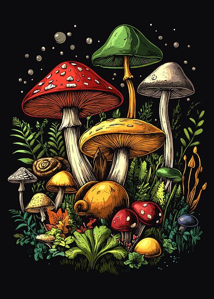 Bunte Pilzlandschaft mit verschiedenen Waldpilzen von Pixelbull Design