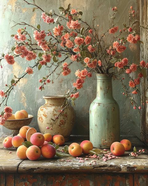 Fleurs et pêches, nature morte par Studio Allee
