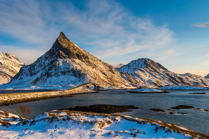 Scenic view over the bridge connecting the village Fredvang with to the Lofoten islands archipelago  by Robert Ruidl