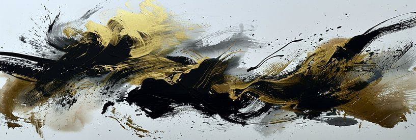 Panorama abstract art in gold, black and white by Digitale Schilderijen