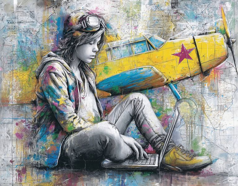 Colourful graffiti painting of a girl, with plane and world map by BowiScapes abstract and digital art