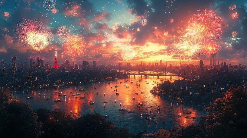 Feuerwerk über dem Stadtbild von Lufy