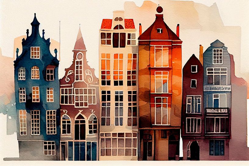 Amsterdam canal houses with watercolour by Maarten Knops