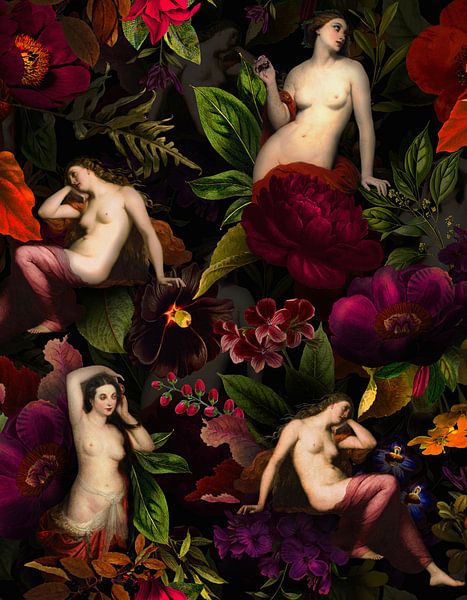 Antique Nymphen im Nacht Blumen Garten von Floral Abstractions