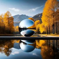 Abstrakte Metall Kugel am Wald See